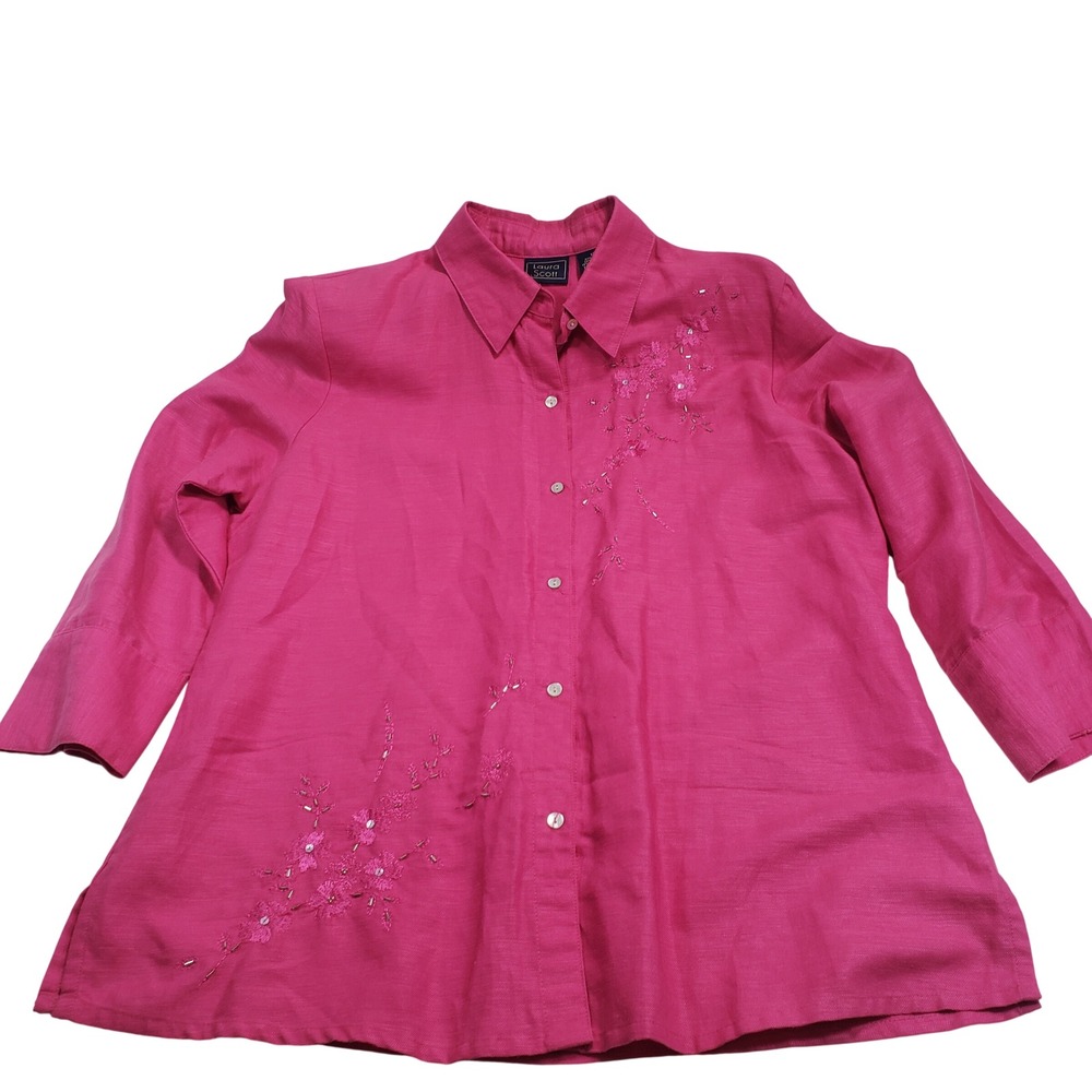 Laura Scott Womens Embroidered Linen Blend Button Up Shirt Size‎ 12 Pink